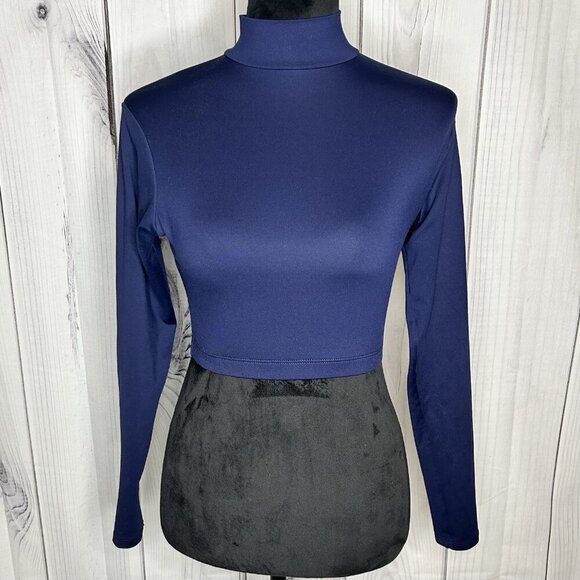 Varsity Women Navy Blue Long Sleeve Sz M Bodycon Crop Top Mock Neck - Picture 1 of 6